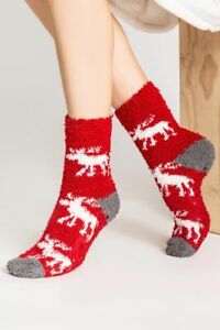 NWT PJ Salvage Red Plush Slipper Socks Ivory Moose Christmas Holiday One Size 