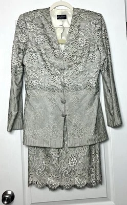 Conjunto Blazer Chaqueta y Falda De Colección Karen Lawrence Por Matthew Talla 10 Forrada Encaje Plateado Foto 1 de 4