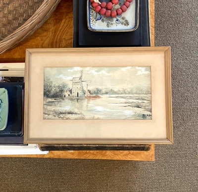 Antique Dutch Plein Air Windmill Landscape Original Watercolor Painting Signed - Image 1 of 4