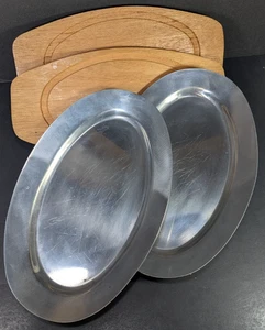 2x Vintage Oval Metall Tablett Holzsockel Servier Steakplatte Brutzelplatten - JAPAN - Bild 1 von 13