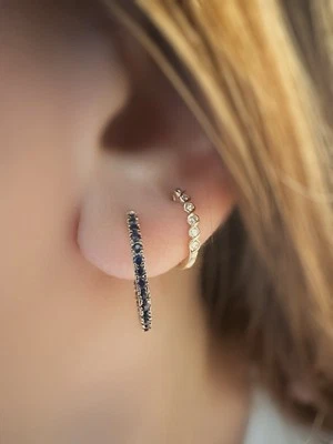 18K 纯金钻石蓝色蓝宝石环状耳环 0.5 克拉 19.5 毫米礼品 — 第 1/4 张图片