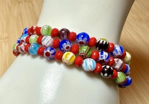 6 mm Millefiori Glass W/red Accent Beaded Stretch Bracelet, Set Of 3 - Picture 1 of 3