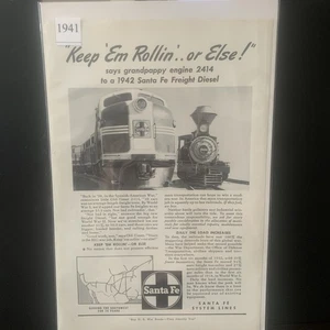 Vintage 1941 Santa Fe Rail Keep 'Em Rollin' Or Else Says Ad Advertisement - Picture 1 of 2