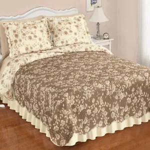 BROWN ROSE FLORAL REVERSIBLE FULL QUEEN SZ QUILT & SHAMS- 2 TONE SCALLOPED EDGE - Picture 1 of 1