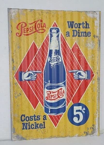 Pepsi Cola " Worth a Dime Costs a Nickle " Corrugated 11 x 15 Metal Sign - Picture 1 of 4