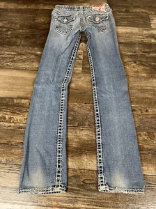 True Religion Billy Super T Womens 26x 32 Straight Jeans Blue Denim Flaps Vtg J4 - Picture 1 of 8