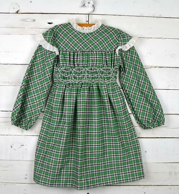Vestido vintage POLLY FLINDERS talla 6 verde púrpura a cuadros calado a mano l/s ribete de encaje Foto 1 de 4