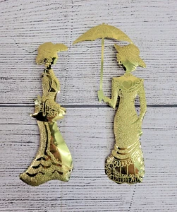 (2) Home Interior Lady Silhouettes Umbrella Brass Wall Hanging Decorative MCM - Picture 1 of 8