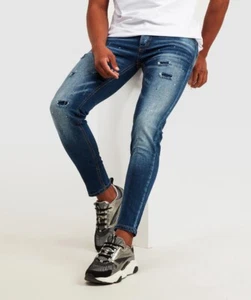 Alessandro Zavetti Mens Slim Fit Jeans Ripped Repair Stretch Denim Trousers Blue - Picture 1 of 7