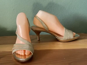 Nina Size 7.5-8 Shoes Gold Slingback Heels Glitter Leather Sparkle Strap - Picture 1 of 8