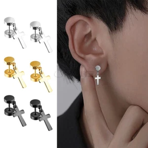 Small Dangle Cross Stainless Steel Black Gold Silver Screw Back Stud Earrings 2x - Picture 1 of 30