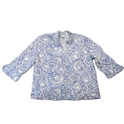 Camisa de lino JM Collection 18 blanca azul tie dye abotonada boho ropa de resort crucero Foto 1 de 4