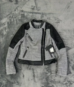 Guess Tweed Moto Jacket Black Gray Faux Leather Trim Women’s Small NWT - Picture 1 of 8