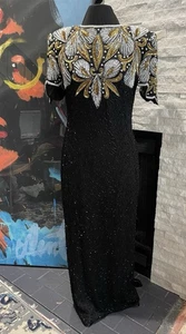 Lawrence Kazar Vintage 100% Silk Black Gold Beaded Sequins Gown Dress Size Small - Picture 1 of 22