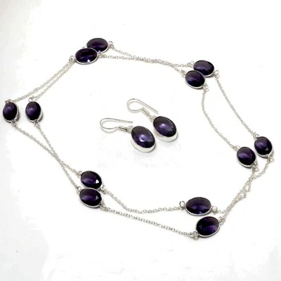 African Amethyst Oval Shape Gemstone Handmade Anniversary Jewelry Chain+Earrings - Image 1 of 4