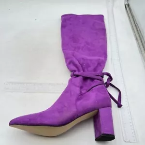 Women Knee High Boots Closed Almond Toe Pumps Chunky Heels Side Zipper Purple - Picture 1 of 8