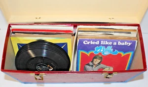 VTG 44pc 7" LP Vinyl Record Lot In Storage Box [Country/Pop/Rock/Gospel] - Picture 1 of 15