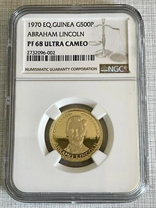 Equatorial Guinea 1970 Abraham Lincoln 500 Pesetas Gold NGC PF68 UC SKU#7479 - Picture 1 of 2
