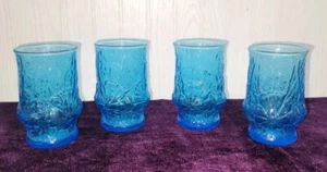 (4) VINTAGE Anchor Hocking BLUE Rain Flower 4" Juice Glasses Original Set - Bild 1 von 7