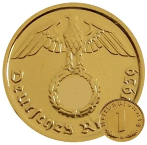 1 Reichspfennig 1939 Münze mit HK 24 Karat vergoldet drittes Reich - Bild 1 von 3