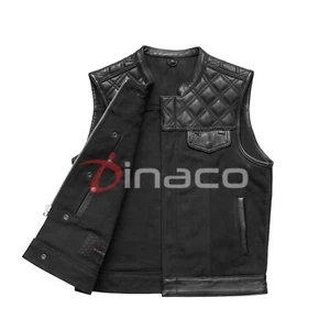 Herren Canvas Motorradfahren Leder Weste Biker Stil Handarbeit Rautensteppung - Bild 1 von 5