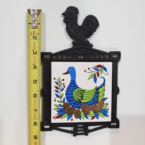 Cottage core vintage Kitchen Cast Iron/Trivet hot plate w/ rooster & goose - Picture 1 of 5
