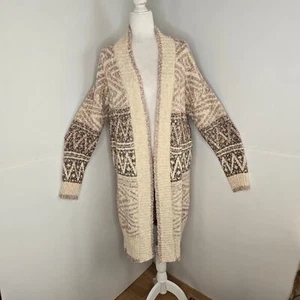 Joie EUC langer offener Pullover Strickjacke Baumwolle Aztec Nordic Large beige creme braun - Bild 1 von 11