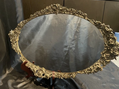 21” Large Antique 1900’s Brass Mirror Vanity Tray Very Ornate Floral Rim Cover