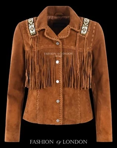 Women's Western Cowgirl Suede Shirt Fringes With Beads Style Real Leather Jacket - Picture 1 of 4