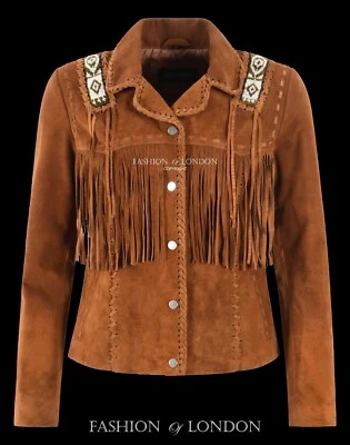 Women's Western Cowgirl Suede Shirt Fringes With Beads Style Real Leather Jacket - Image 1 of 4