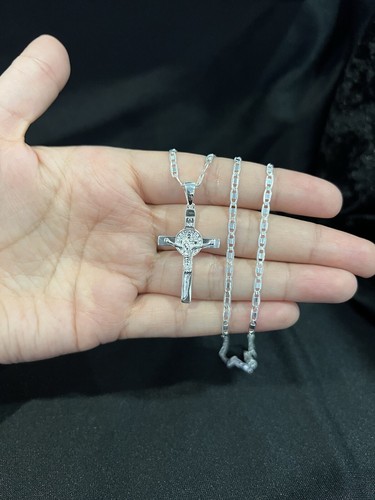 Catena Crocifisso Valentino Croce San Benedetto San Benito Argento Sterling 925 24 26