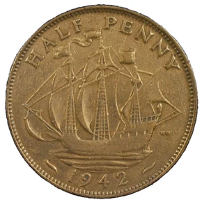 WORLD COIN SALE--1942 UNITED KINGDOM 1/2- PENNY--BRONZE COMP. COIN-KM# 844 - Picture 1 of 3