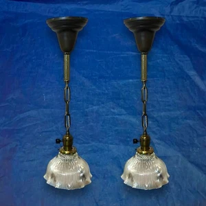 Pair Brass Pendants Holophane Globes/Shades Nice Fixtures 72C - Picture 1 of 8