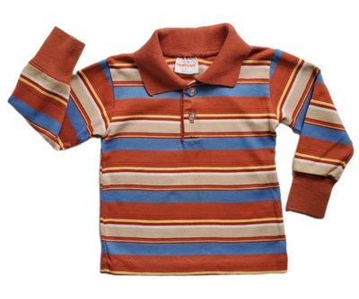 80s Health-Tex 3T Toddler Boy LS Striped Polo Shirt Orange/Rust Blue Tan USA VTG - Image 1 of 4