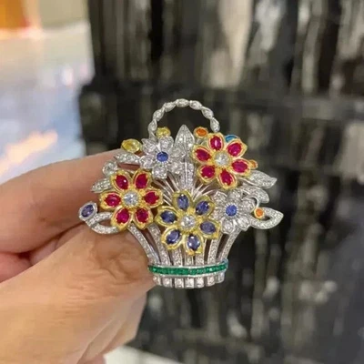 1.60Ct Oval Cut Lab Created Ruby Flower Basket Brooch Pin 14K White Gold Plated - Image 1 of 4