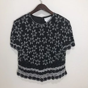 Papell Boutique Abend glitzernde Bluse Größe Large Perlen Pailletten Seide Top geblümt - Bild 1 von 9