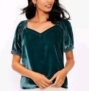 Ann Taylor Loft Damen XL Oberteil Grün Samt Pullover Puffärmel Herzausschnitt    - Bild 1 von 7