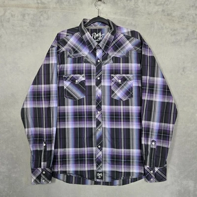Rock 47 Pearl Snap Wrangler Western Manga Larga Hombre’s 2XL Púrpura Gris Cuadros Foto 1 de 4