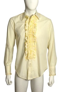 1980s Yellow Ruffle Tux Shirt, Size Medium - Picture 1 of 5