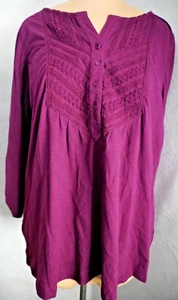 Charter Club 3X Purple Pintuck Top with Embroidery 3/4 Sleeves NWT Cotton Blend - Picture 1 of 5