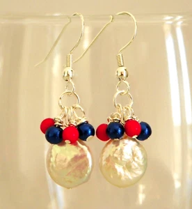 Red, white, blue handmade Patriotic freshwater pearl earrings 1/2"long - Picture 1 of 4