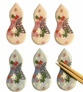Vintage Japanese Chopstick Rest Hashioki Set 6 Pink Blue Porcelain Holder - Picture 1 of 4