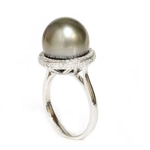 Tahitian Pearl Diamond Ring 13 MM AAA Flawless 18kt gold - Picture 1 of 5