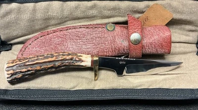 Ed Carr Custom Antler Handle Hunting Knife. W/ Leather Sheath. Ruana Gerber Case - Image 1 of 4