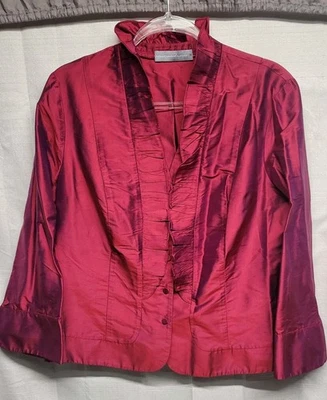 复古 Anthea Crawford 100% 真丝女式 14 洋红色衬衫维多利亚领 — 第 1/4 张图片