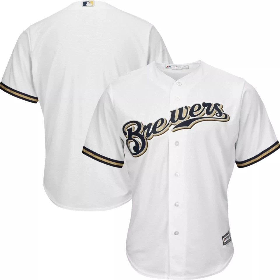Milwaukee Brewers Majestic Cool Base Mens SZ XL Jersey White Blue Gold Retro