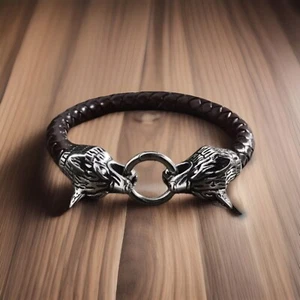 Metal Wolf Head Bracelet for Men/Woman Braided Brown Leather Viking Norse - Picture 1 of 1