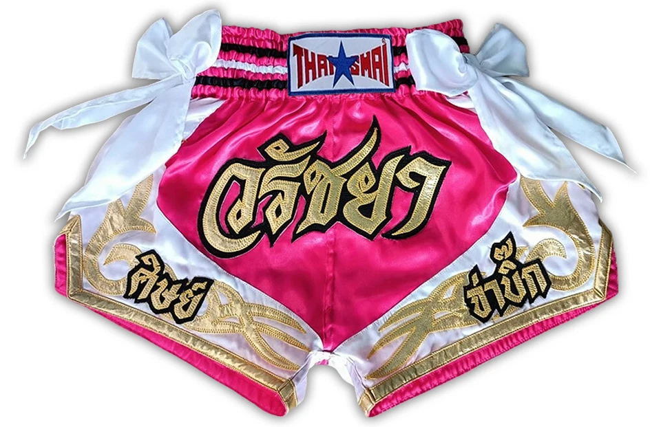THAISMAI Muay Thai KickBoxing Shorts Pink Embroidery Design Costume MMA K1 UFC Gym Sport