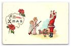 A Merry Xmas Postcard Children With Shotgun Holding Up Santa Claus Red Robe Toys