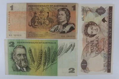 Australia & New Zealand Currency Set // Aus 1972 $1 & 1968 $2 // NZ (1981-85) $1 - Image 1 of 3